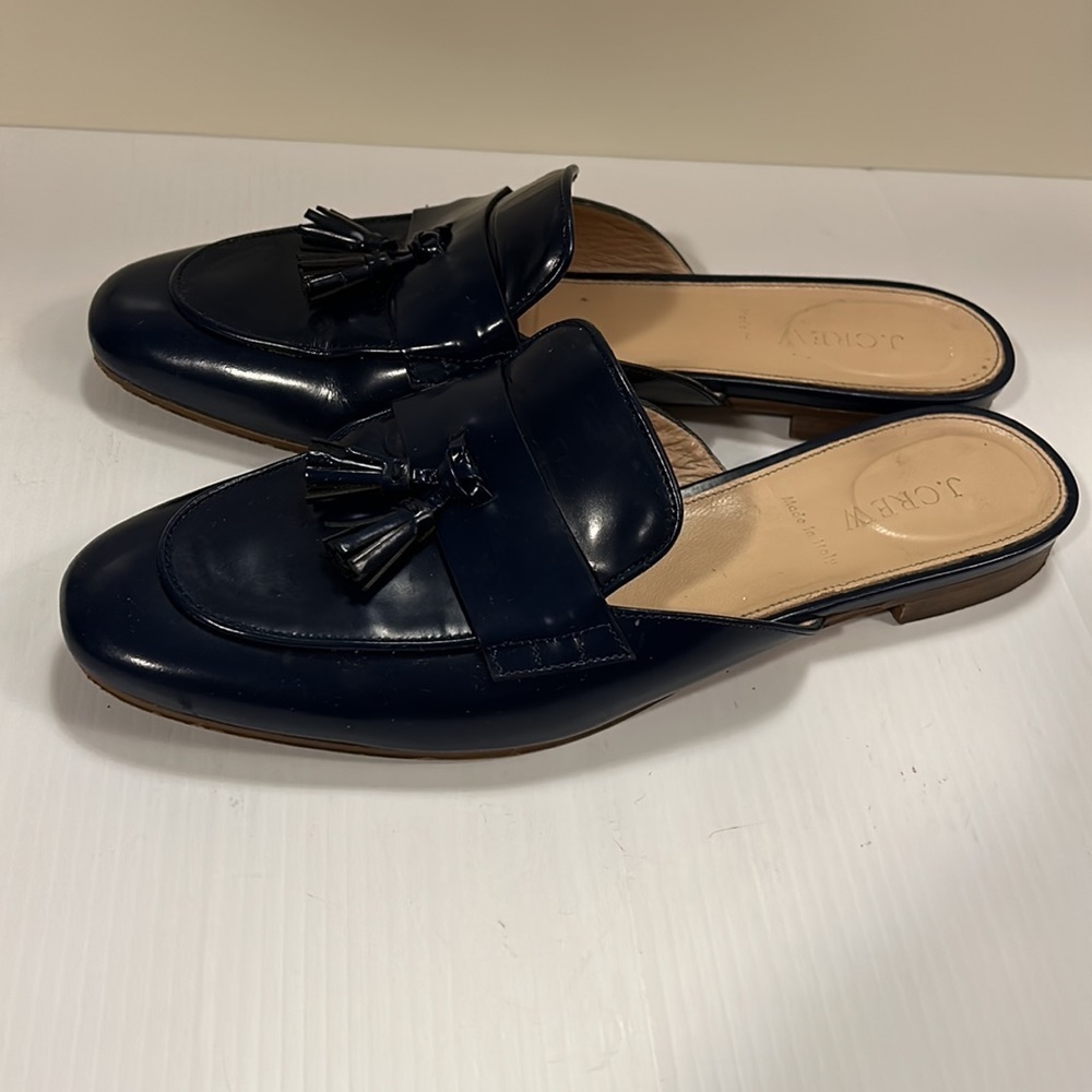 J Crew Leather Patent Navy Mules Loafers with Tassel size 9.5 - gently used - Picture 2 of 15